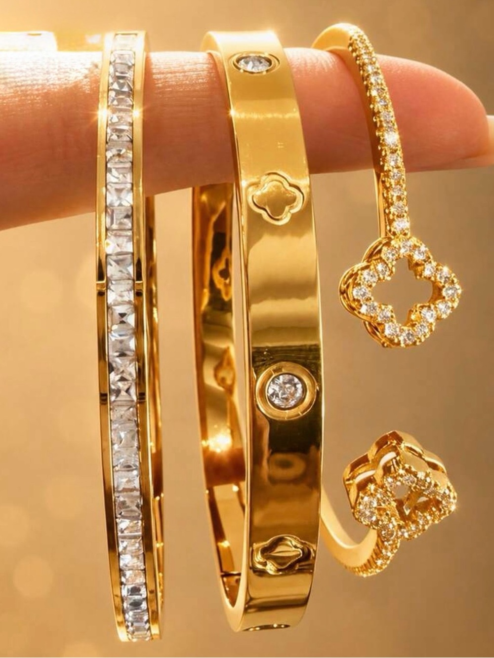 Gold Crystal Floral Stackable Bracelet Set — Women Jewelry